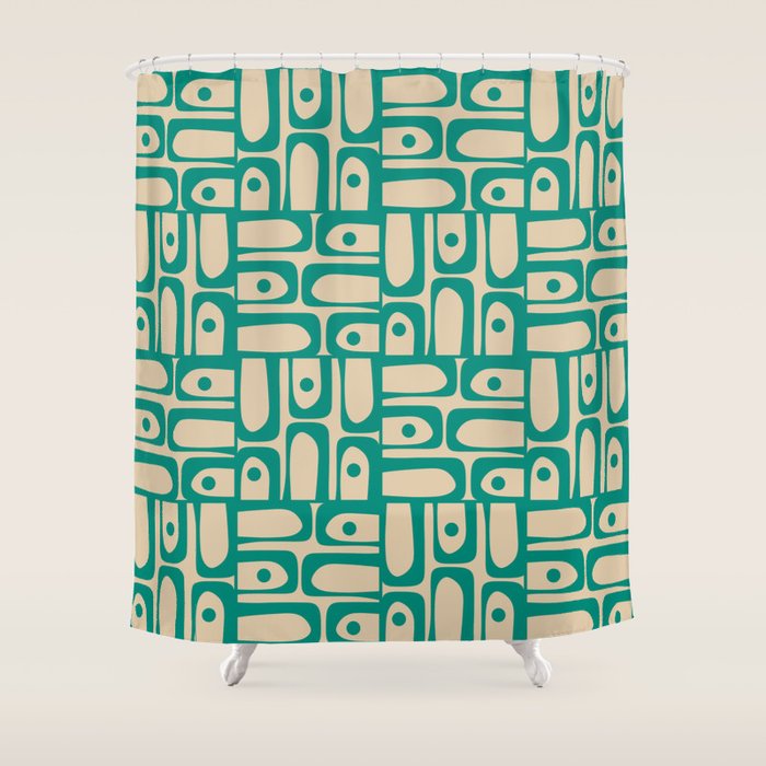 Mid Century Modern Piquet Abstract Multi Pattern in Mid Mod Teal Turquoise and Beige Shower Curtain Gallery Image 1