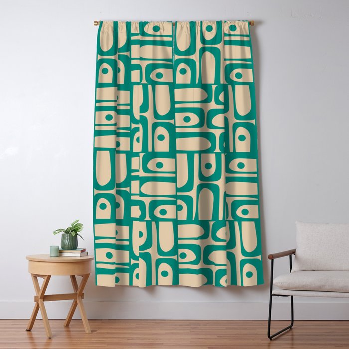 Mid Century Modern Piquet Abstract Multi Pattern in Mid Mod Teal Turquoise and Beige Window Curtain Gallery Image 1