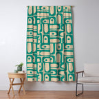 Mid Century Modern Piquet Abstract Multi Pattern in Mid Mod Teal Turquoise and Beige Window Curtain Gallery Image 5