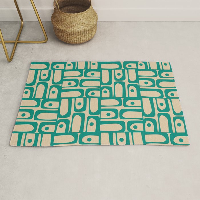Mid Century Modern Piquet Abstract Multi Pattern in Mid Mod Teal Turquoise and Beige Rug Gallery Image 1