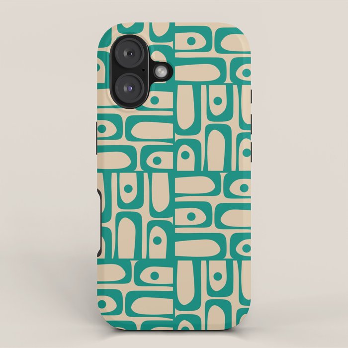 Mid Century Modern Piquet Abstract Multi Pattern in Mid Mod Teal Turquoise and Beige iPhone Case Gallery Image 1