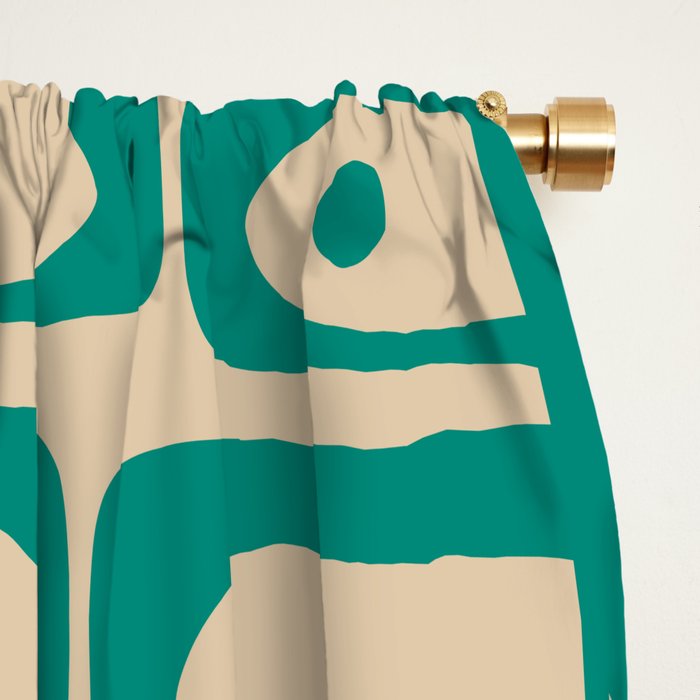 Mid Century Modern Piquet Abstract Multi Pattern in Mid Mod Teal Turquoise and Beige Window Curtain Gallery Image 2