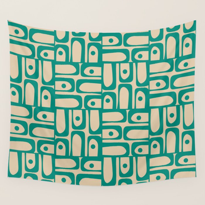 Mid Century Modern Piquet Abstract Multi Pattern in Mid Mod Teal Turquoise and Beige Wall Tapestry Gallery Image 4