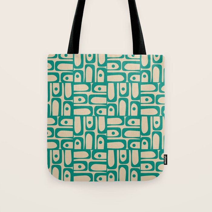 Mid Century Modern Piquet Abstract Multi Pattern in Mid Mod Teal Turquoise and Beige Tote Bag Gallery Image 1