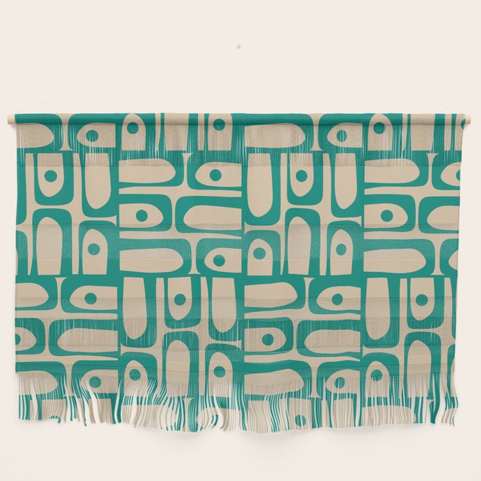 Mid Century Modern Piquet Abstract Multi Pattern in Mid Mod Teal Turquoise and Beige Wall Hanging Gallery Image 1