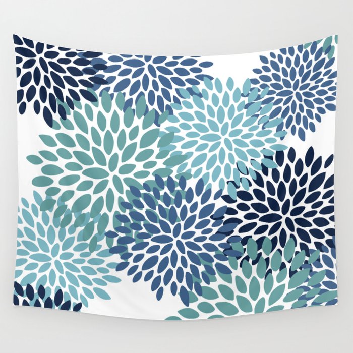 Floral Blooms, Navy, Blue and Teal Wall Tapestry Gallery Image 1