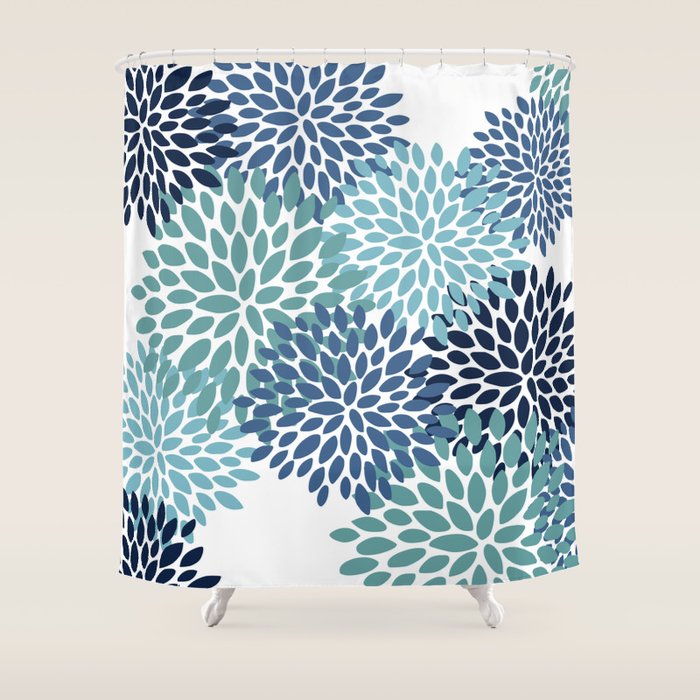 Floral Blooms, Navy, Blue and Teal Shower Curtain Gallery Image 1