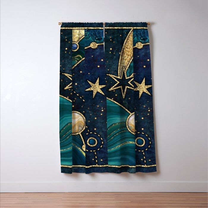 Celestial Starry Emerald Gold Cosmos Window Curtain Gallery Image 3