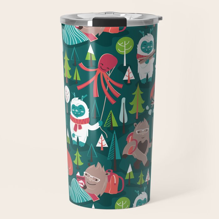 Besties // green background white Yeti brown Bigfoot aqua yellow green and teal pine trees red and coral details Travel Mug Gallery Image 1