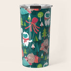 Besties // green background white Yeti brown Bigfoot aqua yellow green and teal pine trees red and coral details Travel Mug Gallery Image 1