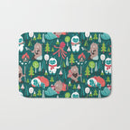 Besties // green background white Yeti brown Bigfoot aqua yellow green and teal pine trees red and coral details Bath Mat Gallery Image 1