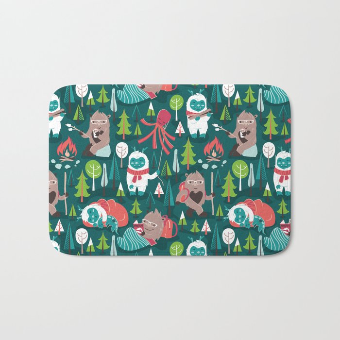 Besties // green background white Yeti brown Bigfoot aqua yellow green and teal pine trees red and coral details Bath Mat Gallery Image 1