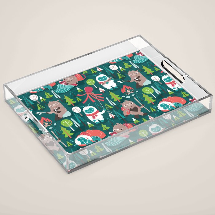 Besties // green background white Yeti brown Bigfoot aqua yellow green and teal pine trees red and coral details Acrylic Tray Gallery Image 1