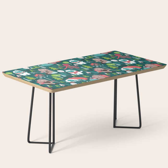 Besties // green background white Yeti brown Bigfoot aqua yellow green and teal pine trees red and coral details Coffee Table Gallery Image 1