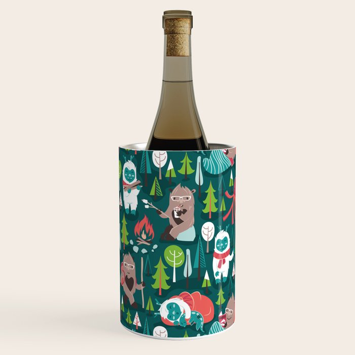 Besties // green background white Yeti brown Bigfoot aqua yellow green and teal pine trees red and coral details Wine Chiller Gallery Image 2