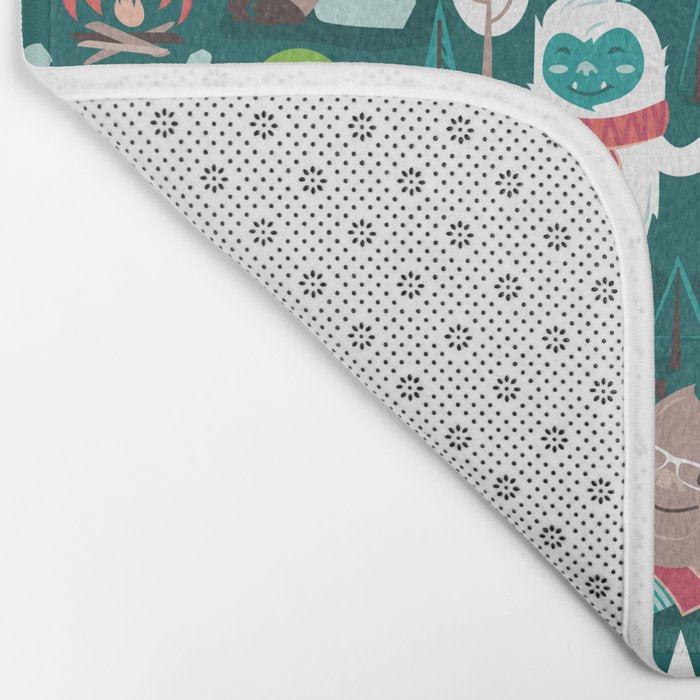 Besties // green background white Yeti brown Bigfoot aqua yellow green and teal pine trees red and coral details Bath Mat Gallery Image 2