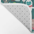 Besties // green background white Yeti brown Bigfoot aqua yellow green and teal pine trees red and coral details Bath Mat Gallery Image 2