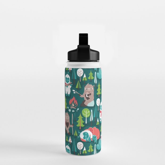Besties // green background white Yeti brown Bigfoot aqua yellow green and teal pine trees red and coral details Water Bottle Gallery Image 2