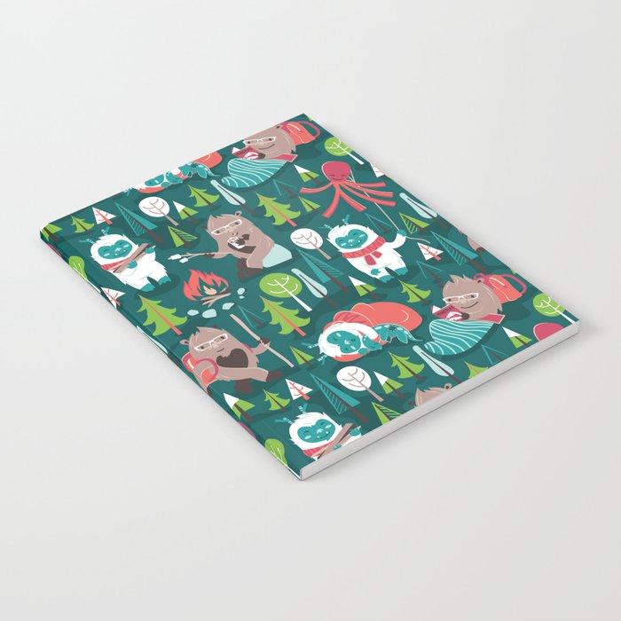 Besties // green background white Yeti brown Bigfoot aqua yellow green and teal pine trees red and coral details Notebook Gallery Image 1