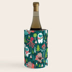 Besties // green background white Yeti brown Bigfoot aqua yellow green and teal pine trees red and coral details Wine Chiller Gallery Image 1
