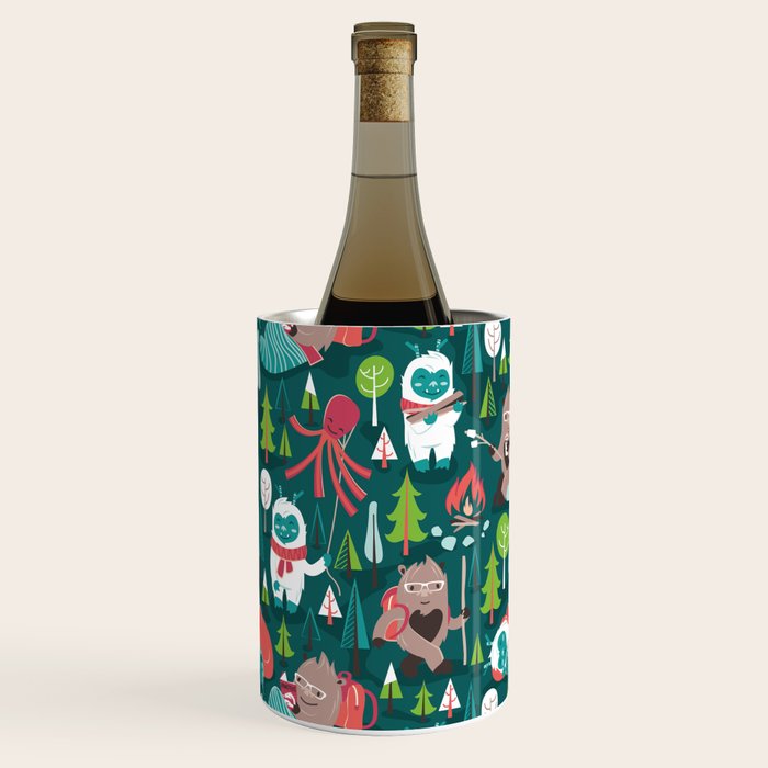Besties // green background white Yeti brown Bigfoot aqua yellow green and teal pine trees red and coral details Wine Chiller Gallery Image 1