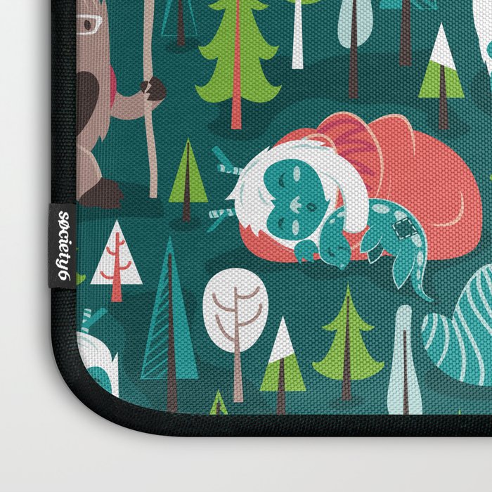 Besties // green background white Yeti brown Bigfoot aqua yellow green and teal pine trees red and coral details Laptop Sleeve Gallery Image 3
