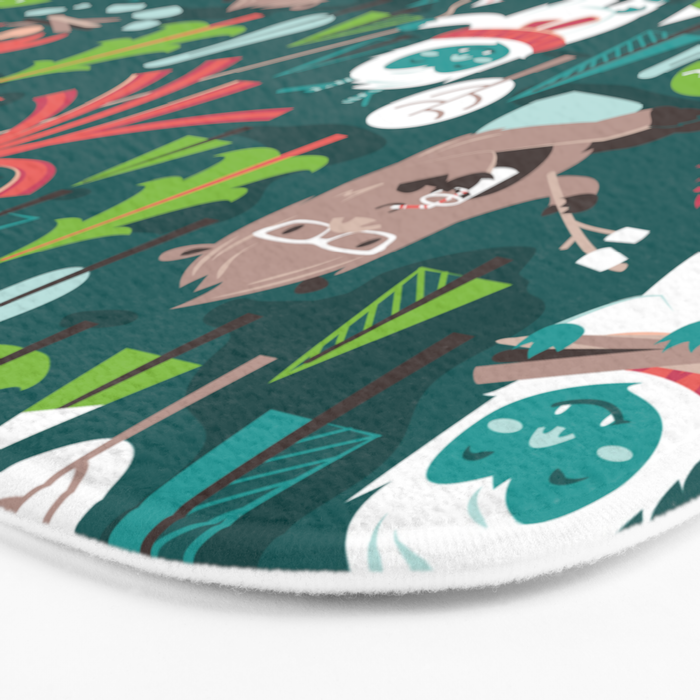 Besties // green background white Yeti brown Bigfoot aqua yellow green and teal pine trees red and coral details Bath Mat Gallery Image 3
