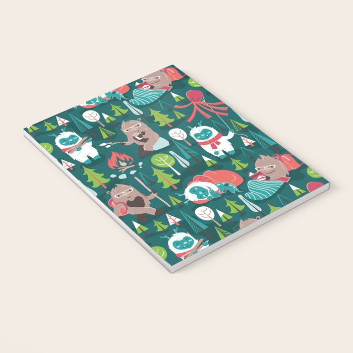 Besties // green background white Yeti brown Bigfoot aqua yellow green and teal pine trees red and coral details Notebook Gallery Image 3