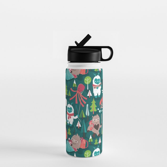 Besties // green background white Yeti brown Bigfoot aqua yellow green and teal pine trees red and coral details Water Bottle Gallery Image 1