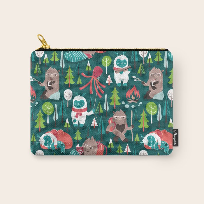 Besties // green background white Yeti brown Bigfoot aqua yellow green and teal pine trees red and coral details Carry All Pouch Gallery Image 1