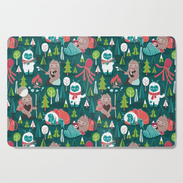 Besties // green background white Yeti brown Bigfoot aqua yellow green and teal pine trees red and coral details Cutting Board Gallery Image 1