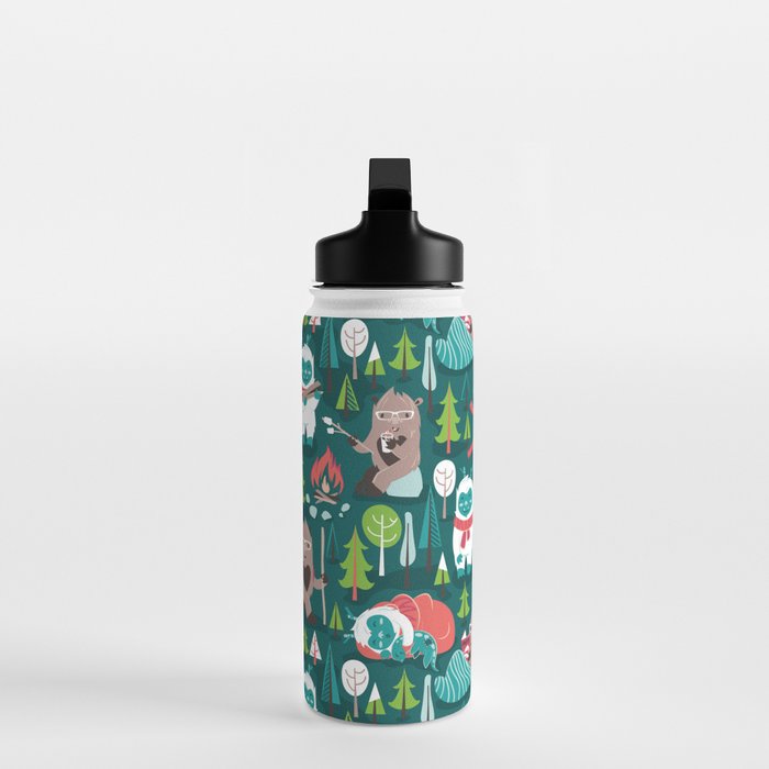 Besties // green background white Yeti brown Bigfoot aqua yellow green and teal pine trees red and coral details Water Bottle Gallery Image 3