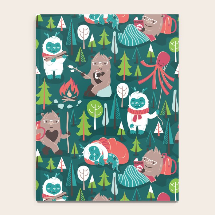 Besties // green background white Yeti brown Bigfoot aqua yellow green and teal pine trees red and coral details Notebook Gallery Image 4