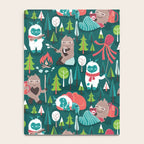 Besties // green background white Yeti brown Bigfoot aqua yellow green and teal pine trees red and coral details Notebook Gallery Image 4