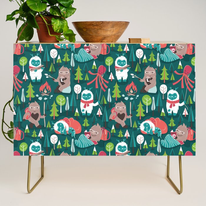 Besties // green background white Yeti brown Bigfoot aqua yellow green and teal pine trees red and coral details Credenza Gallery Image 1