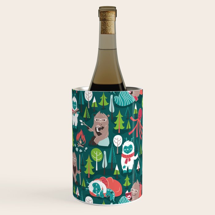 Besties // green background white Yeti brown Bigfoot aqua yellow green and teal pine trees red and coral details Wine Chiller Gallery Image 3