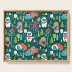 Besties // green background white Yeti brown Bigfoot aqua yellow green and teal pine trees red and coral details Serving Tray Gallery Image 1