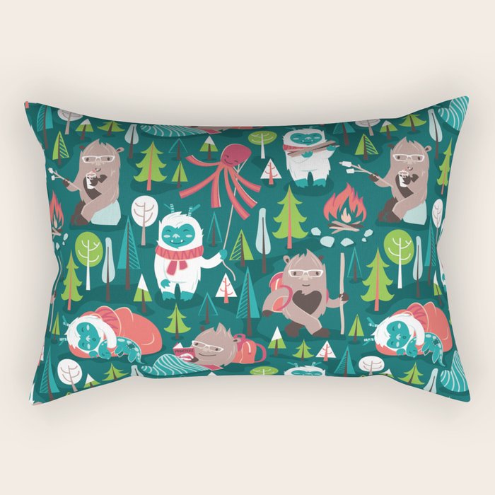 Besties // green background white Yeti brown Bigfoot aqua yellow green and teal pine trees red and coral details Rectangular Pillow Gallery Image 2