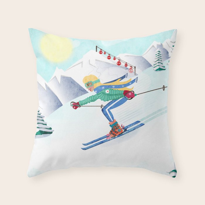 Skiing Girl Throw Pillow Gallery Image 6
