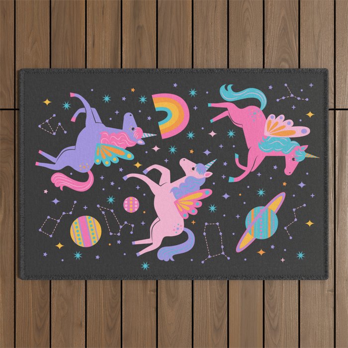 Space Unicorns - Neon Rainbow on Black Outdoor Rug Gallery Image 1