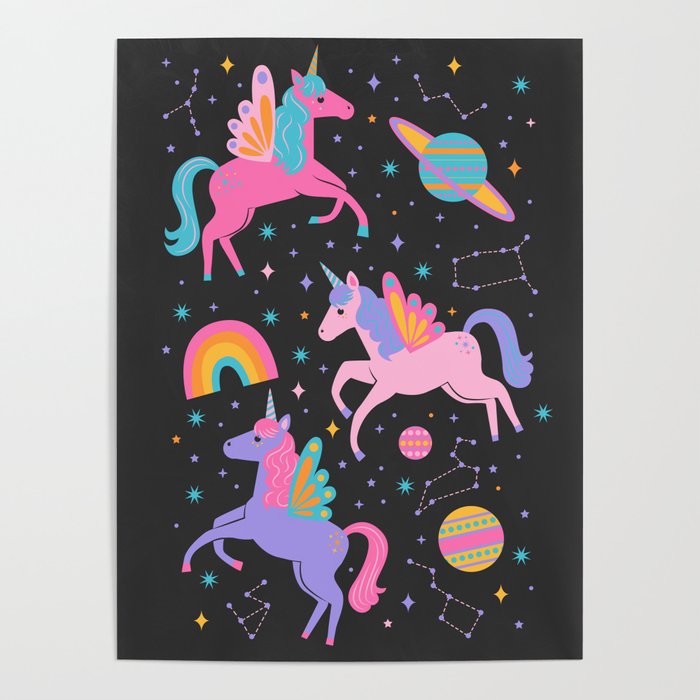 Space Unicorns - Neon Rainbow on Black Poster Gallery Image 4