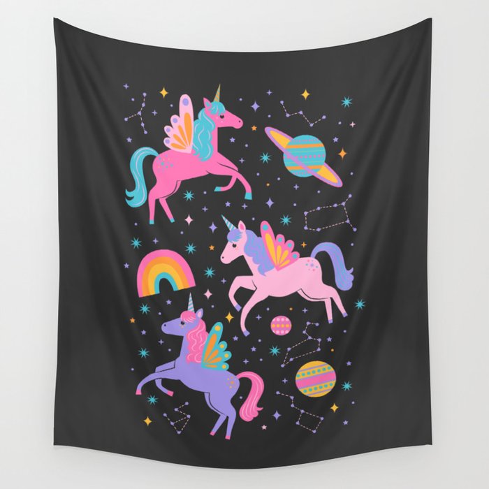 Space Unicorns - Neon Rainbow on Black Wall Tapestry Gallery Image 4