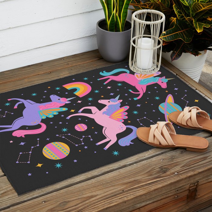 Space Unicorns - Neon Rainbow on Black Outdoor Rug Gallery Image 2