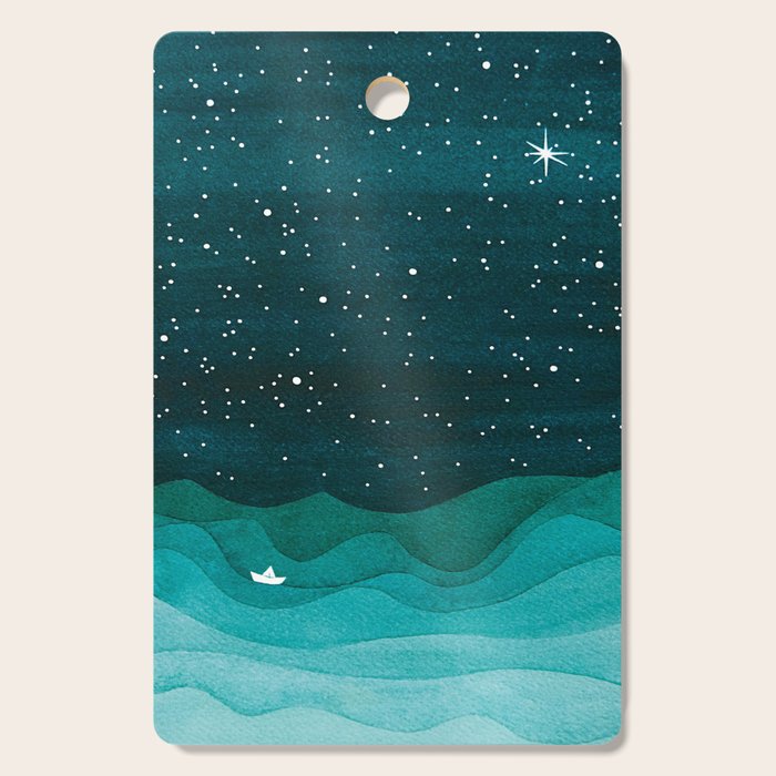 Starry Ocean, teal sailboat watercolor sea waves night Cutting Board Gallery Image 1