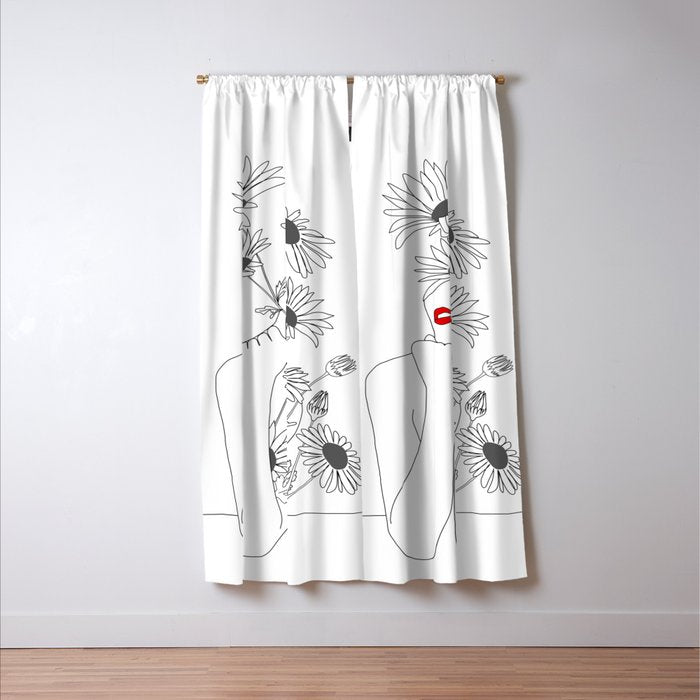 Minimal Line Art Girl with Sunflowers Window Curtain Gallery Image 3