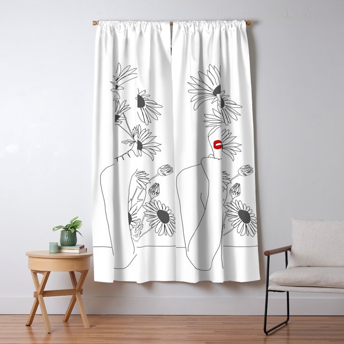 Minimal Line Art Girl with Sunflowers Window Curtain Gallery Image 1