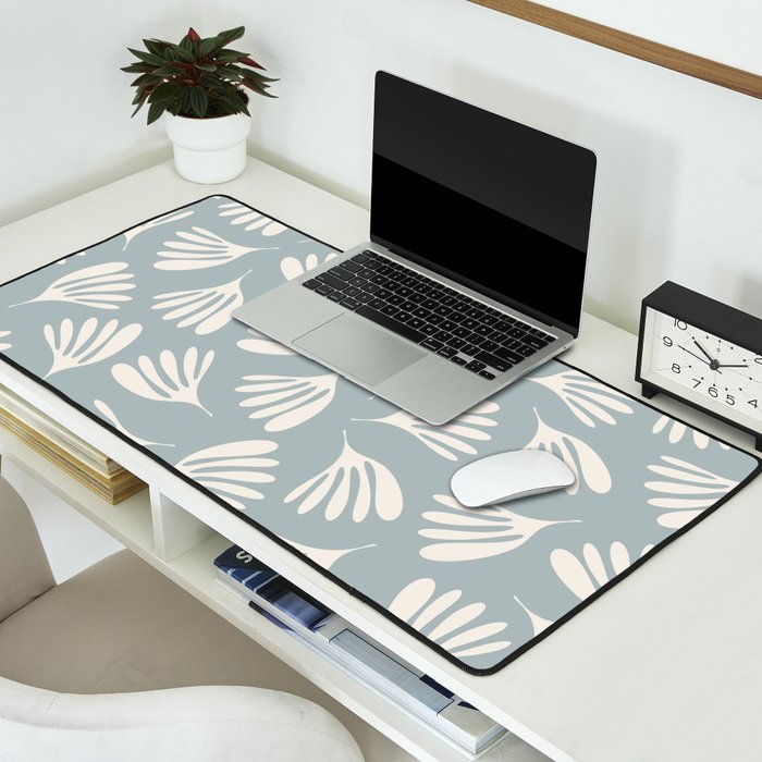 Wispy Leaves Contemporary Abstract Pattern in Light Blue-Gray and Cream Desk Mat Gallery Image 2
