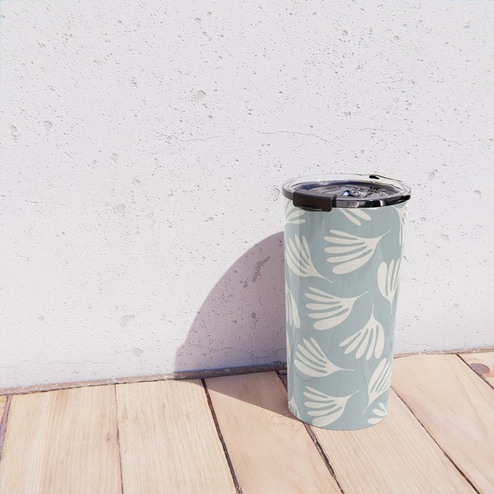 Wispy Leaves Contemporary Abstract Pattern in Light Blue-Gray and Cream Travel Mug Gallery Image 4