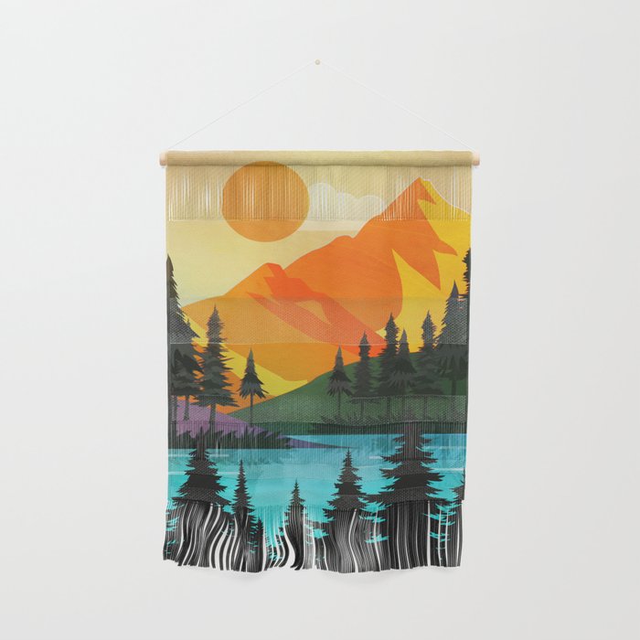 Colorful sunset near the peaceful forest lake Wall Hanging Gallery Image 1