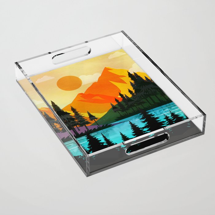 Colorful sunset near the peaceful forest lake Acrylic Tray Gallery Image 1